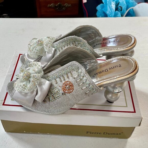 Y2K Pierre Dumas Silver Glitter Mule Heels Size 11 - Sculptural Bubble Heel - Picture 1 of 16